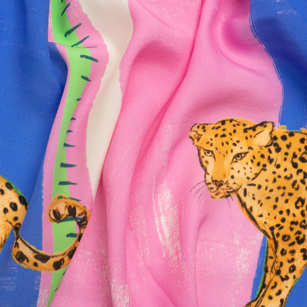 Sustainable Viscose Woven Panel - Pink and Blue Jaguar in Square - Mood Exclusive Jaguar Gaze - Joann Fabrics