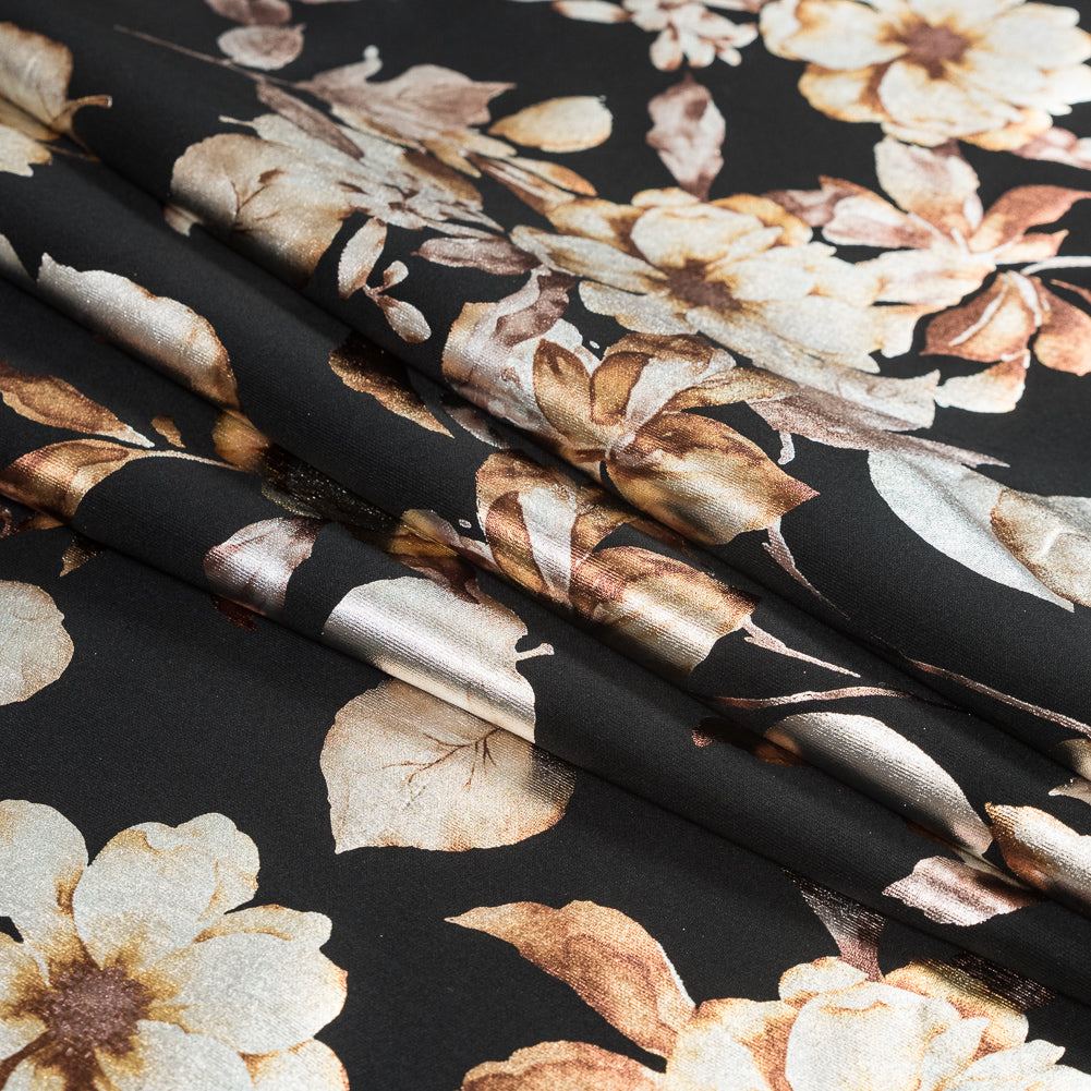 Black Ponte Knit with Brown Floral Foil Design - Joann Fabrics