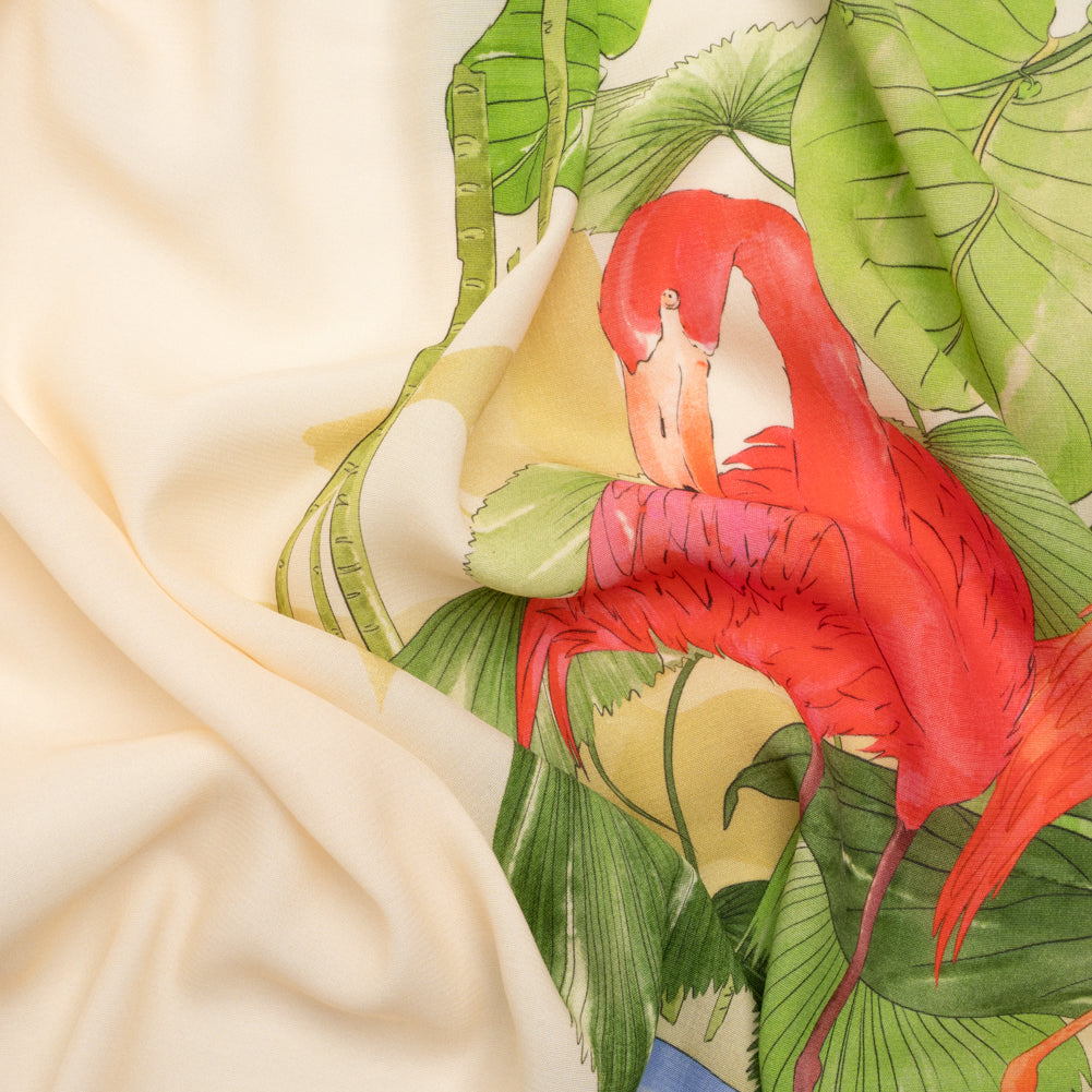 Sustainable Viscose Woven Print - Cream Flamingos and Leaves - Mood Exclusive Forever Everglades - Joann Fabrics
