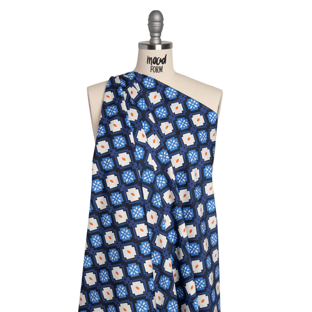 Stretch Cotton Sateen - Blue and Orange Geometric - Santorini Spritz Print - Mood Exclusive Chariot Collection - Joann Fabrics