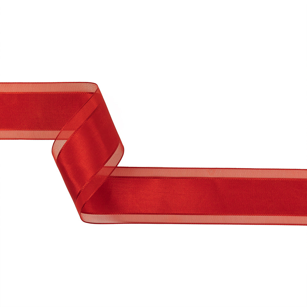 Red Woven Ribbon with Sheer Organza Borders - 1.5