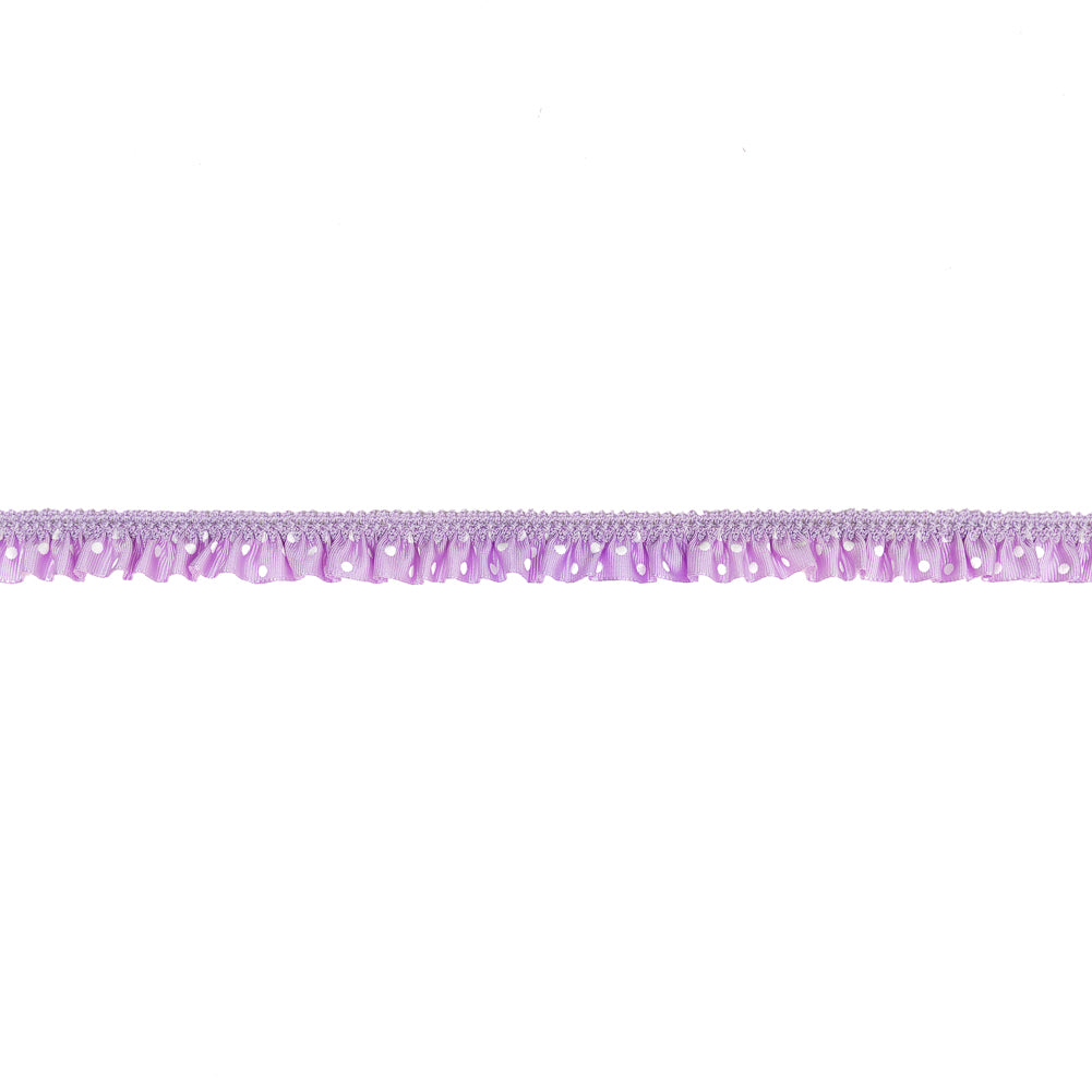 European Lavender and White Polka Dot Ruffled Stretch Grosgrain .875