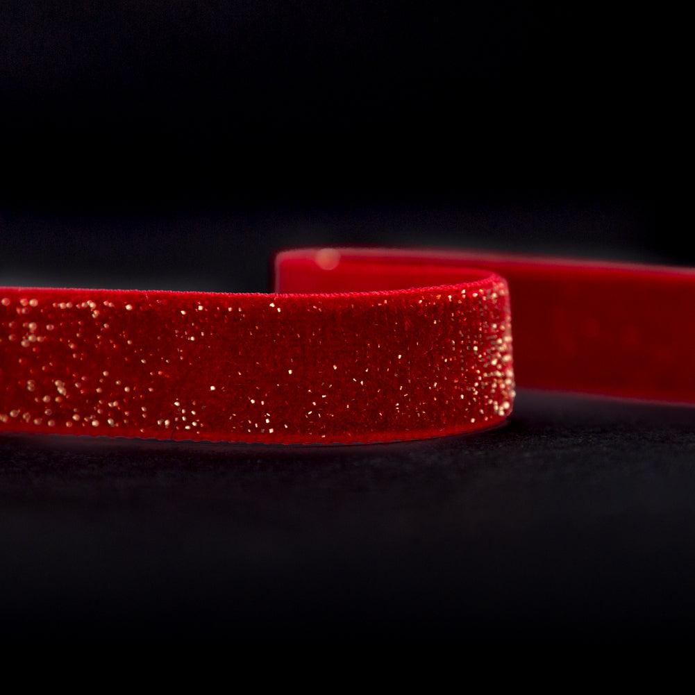 Italian Candy Apple Red and Gold Glitter Velvet Ribbon - 0.625