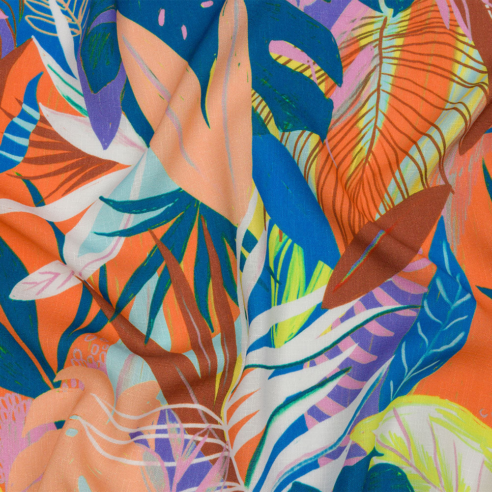 Slubbed Viscose Woven Print - Orange and Blue Leaves - Mood Exclusive Tropical Tango - Joann Fabrics