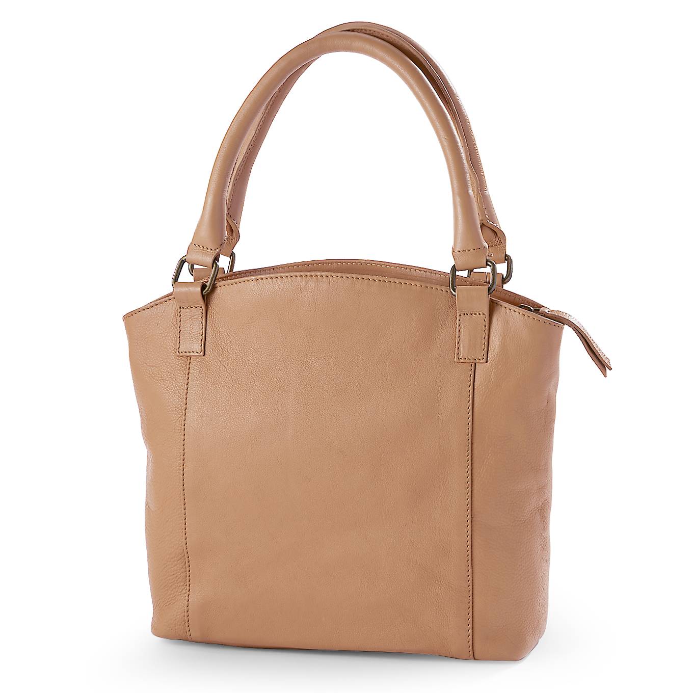 Curved-Top Tan Leather Bag, Front Zip Pockets, Top Zip, Rolled Handles - Northstyle Catalog