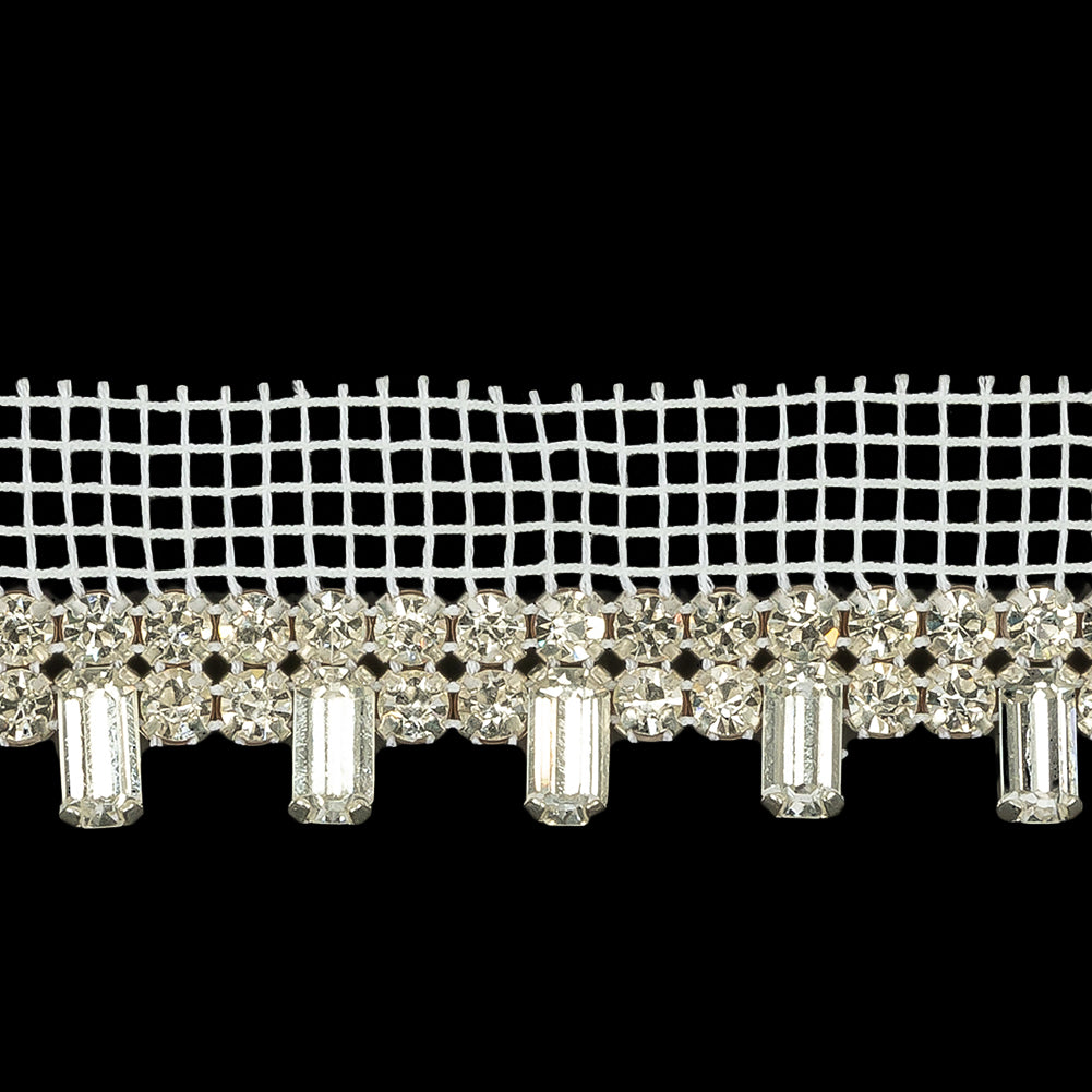 Vintage Crystal and Silver Rhinestone Baguette Trimming on White Mesh - 1