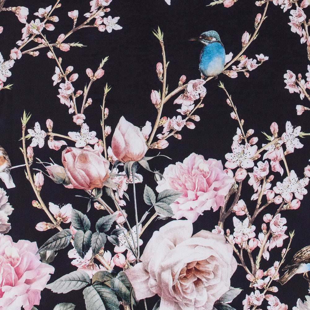 Roses, Hummingbirds and Butterflies Digitally Printed on a Black Premium Mikado/Twill - Joann Fabrics