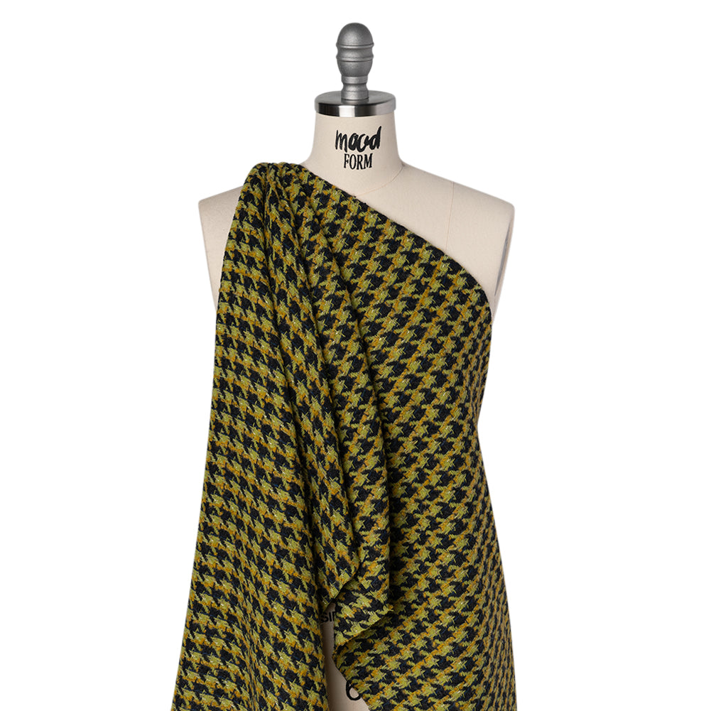 Metallic Wool Blend Tweed Boucle Twill Made in Italy - Forest Green, Lime and Mustard Yellow Houndstooth - Joann Fabrics