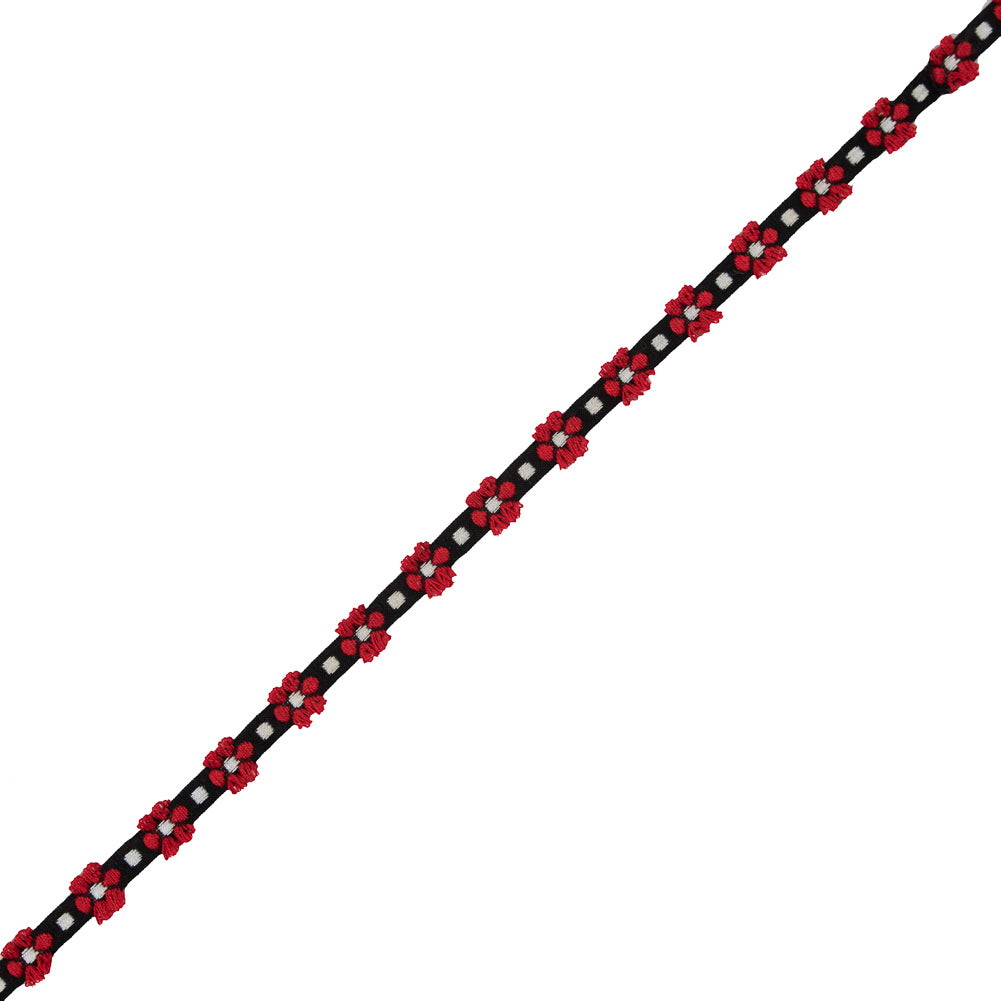 Red and Black Cotton Floral Trim - 0.375