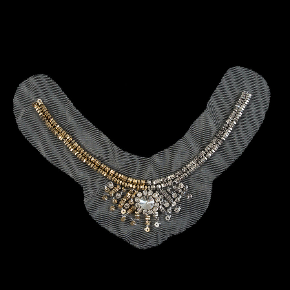 Italian Silver and Gold Beaded Rhinestone Neckline Applique on White Mesh - Joann Fabrics