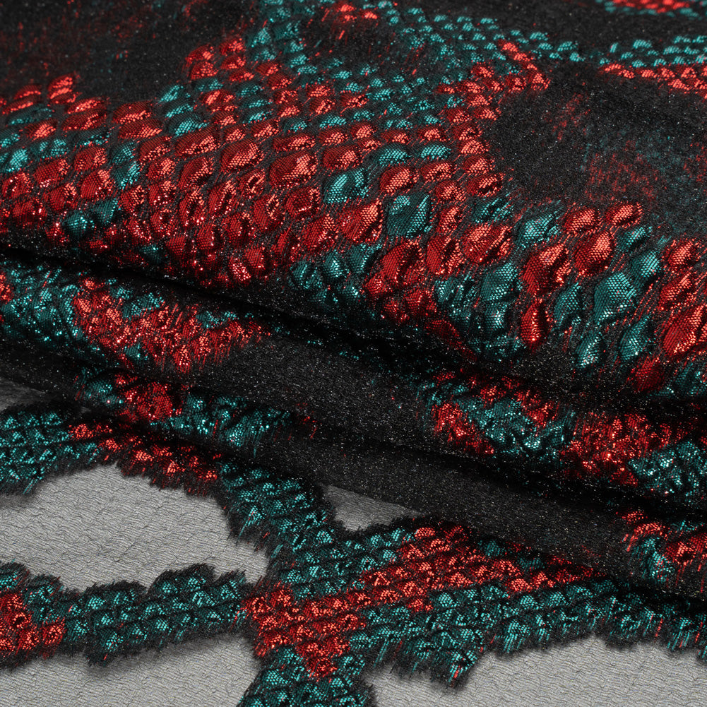 Metallic Teal, Red and Black Snakeskin Sprawl Burnout Luxury Brocade - Joann Fabrics