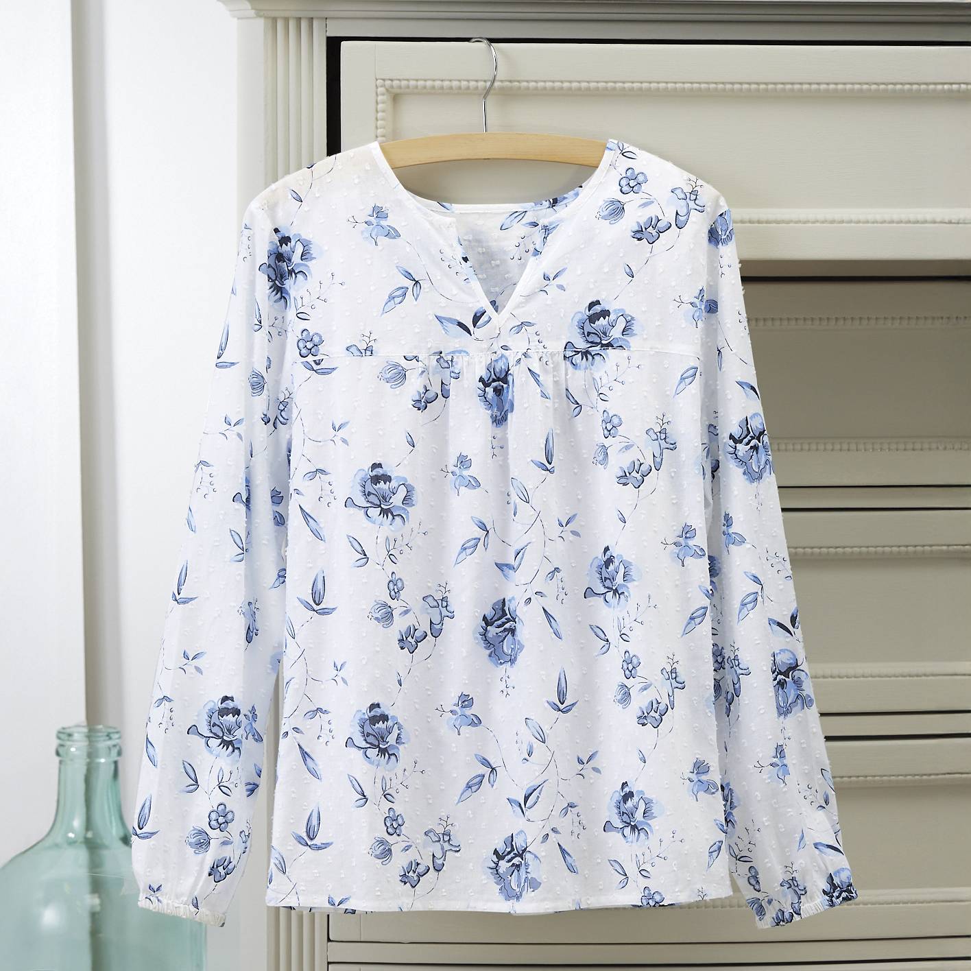 Swiss-Dot Cotton Voile Print Top, Notched Neck - Northstyle Catalog