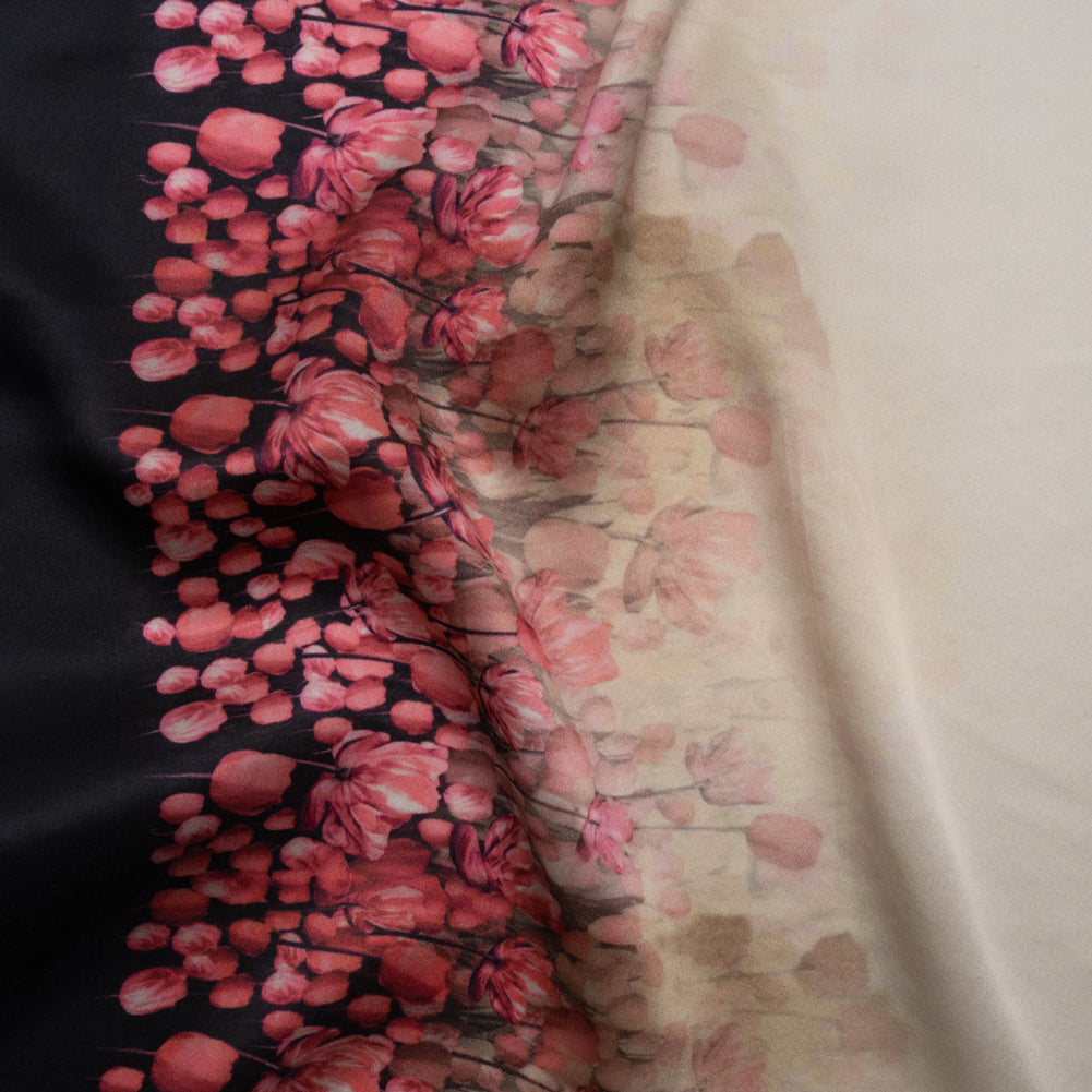 Silk Charmeuse 19mm - Pink, Black and Cream Floral Field Border - Joann Fabrics