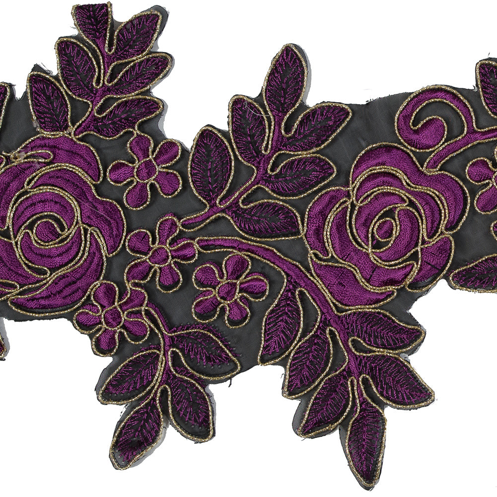 Metallic Gold and Magenta Re-Embroidered Floral Organza Trim - 6