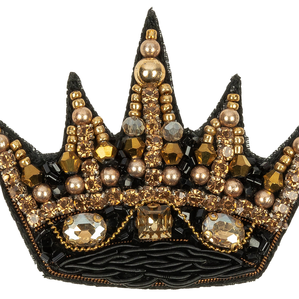 Black and Gold Crown Rhinestone and Glass Beaded Applique - 2.125