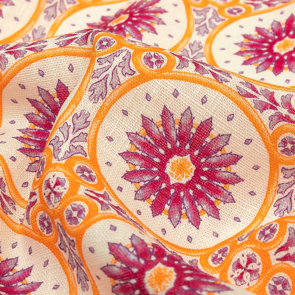 Viscose and Linen Woven Print - Magenta and Orange Floral Tiles - Mood Exclusive Sao Bento - Joann Fabrics