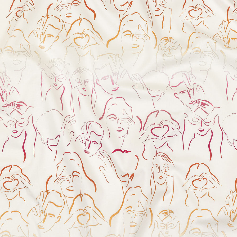 Stretch Cotton Sateen - Pink, White and Orange Faces and Hands - Language of Love Print - Mood Exclusive Pride Collection - Joann Fabrics
