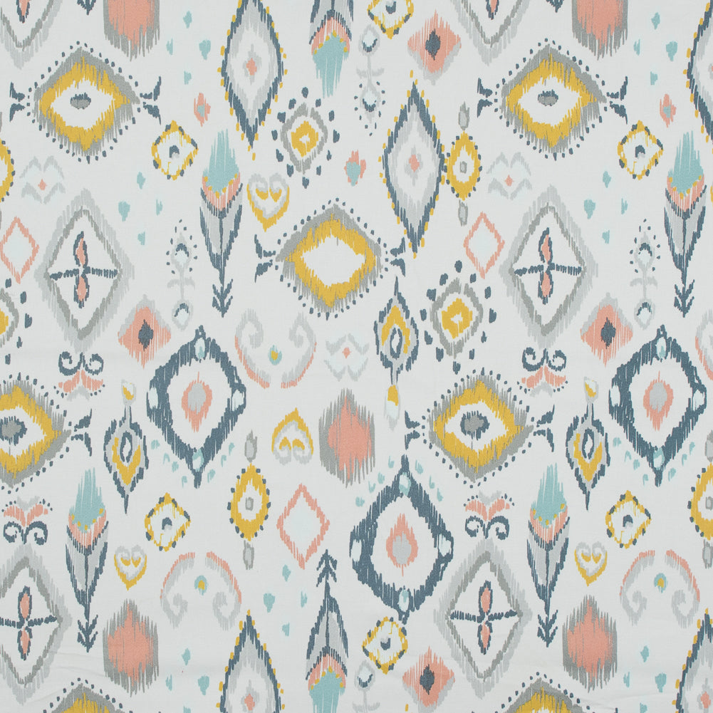 Stretch Cotton Sateen - Off-White, Blue and Yellow Ikat Diamonds - Amo de Grandeco Print - Mood Exclusive Avenable Collection - Joann Fabrics