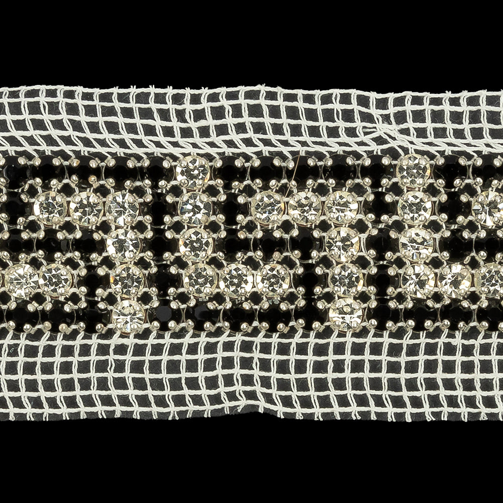 Vintage Crystal and Jet Greek Key Rhinestone Trim on White Mesh - 1.75
