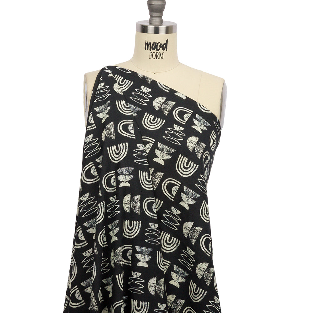 Linen and Rayon Woven - Black Rainbows and Geometrics - Cairn Caves Print - Mood Exclusive Palm Beach Collection - Joann Fabrics