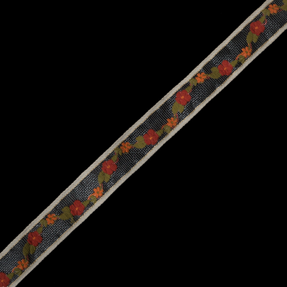 Red and Orange Flowers Embroidered on Clear Tulle Trim - 1