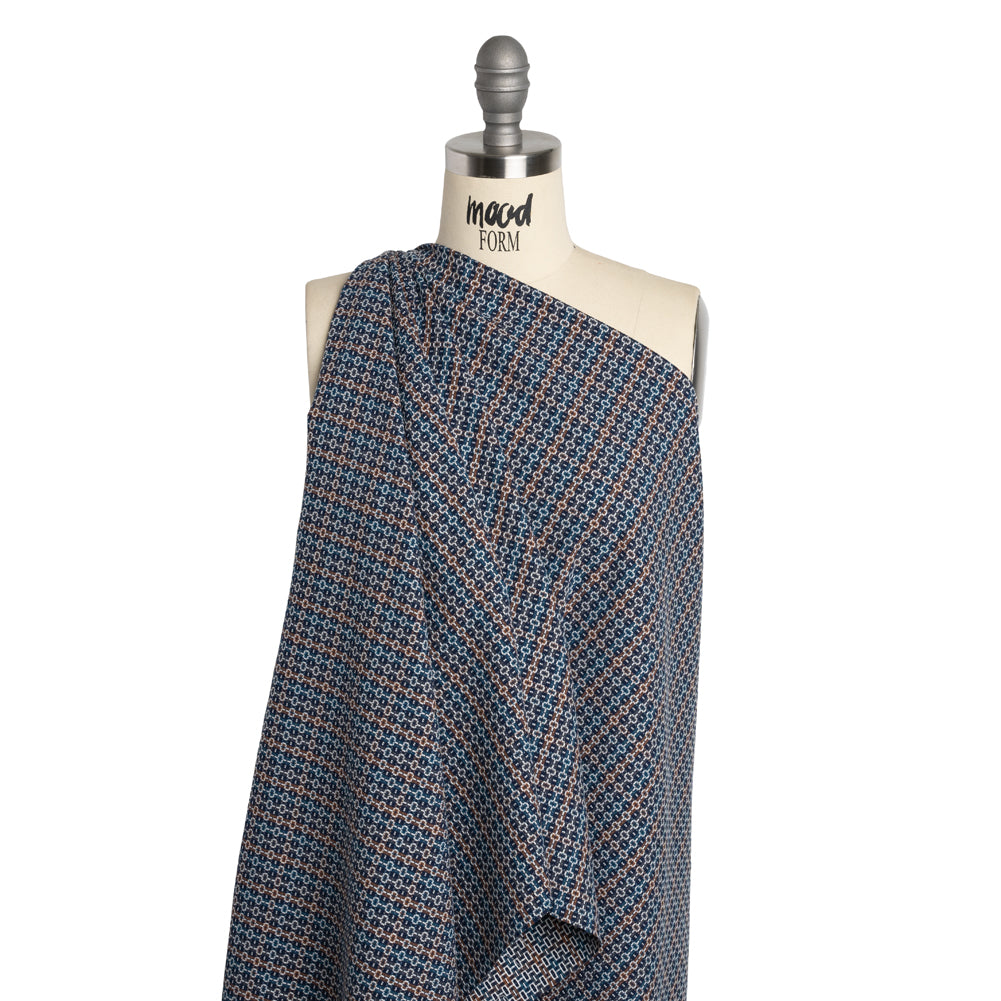 Geometric Cotton Dobby - Blue, Brown and White Boxes on Stripes - Deadstock - Joann Fabrics