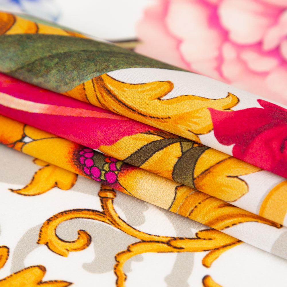 Mood Exclusive Italian White, Blush and Gold Ornate Floral Digitally Printed Silk Charmeuse - Joann Fabrics