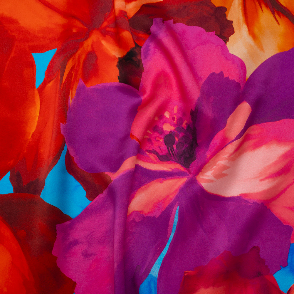 Silk Charmeuse Print 16MM, Made in Italy - Bright Pink, Coral Orange and Blue Painterly Flowers - Joann Fabrics