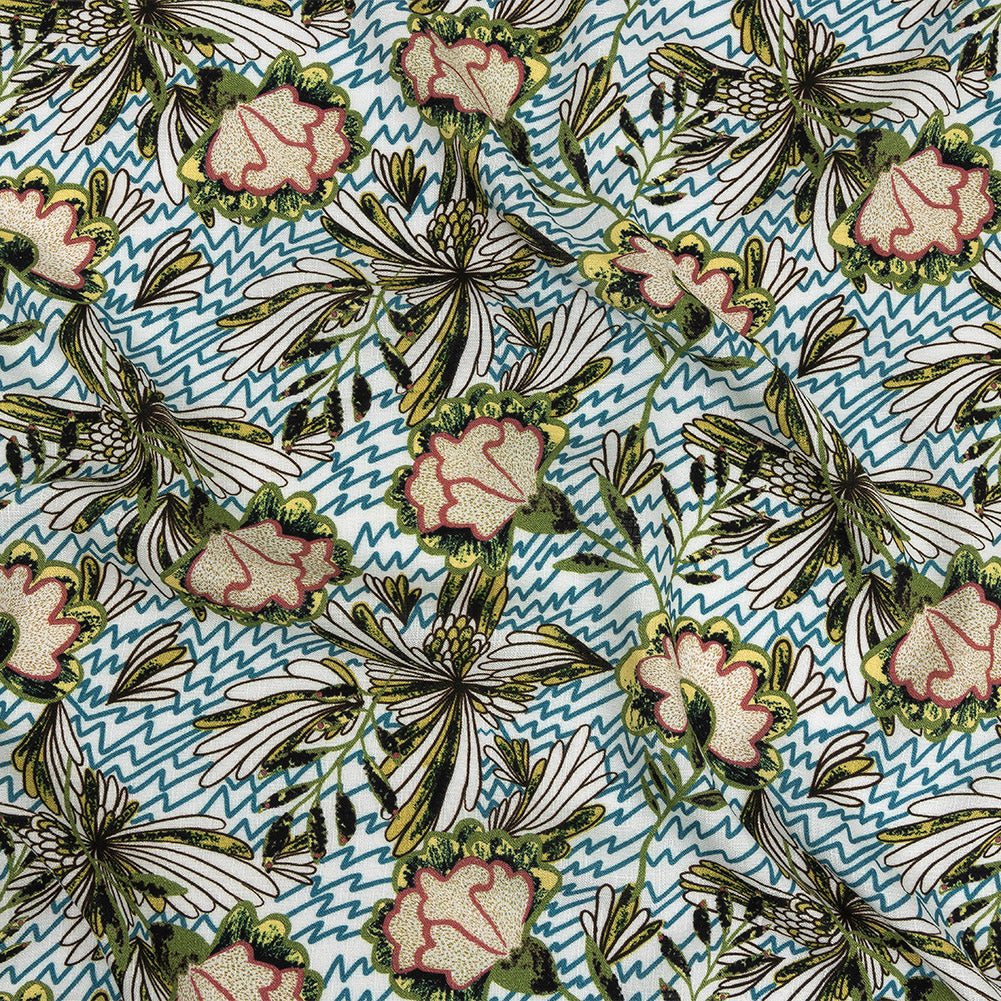 Slubbed Viscose Woven Print - Turquoise and Green Floral and Zig Zag - Mood Exclusive Retro Blossoms - Joann Fabrics