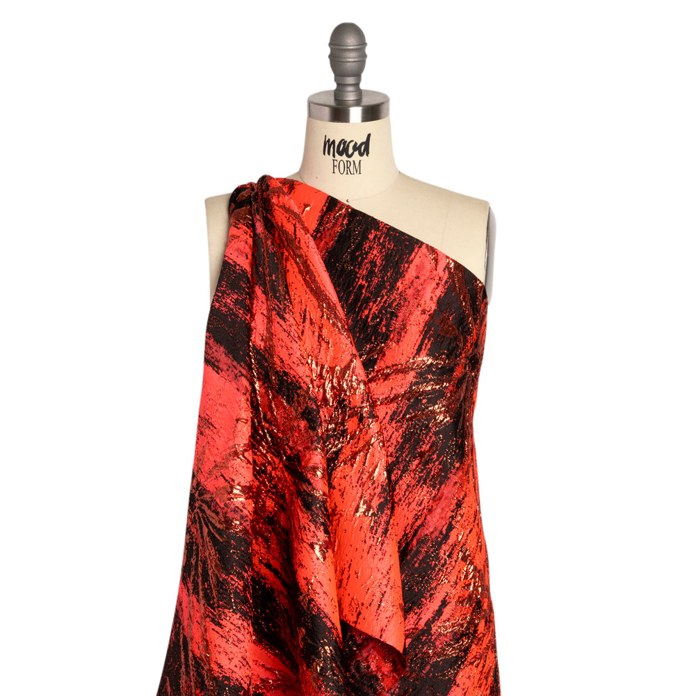 Metallic Copper, Neon Coral and Black Exploding Flowers and Brushstrokes Luxury Brocade - Joann Fabrics