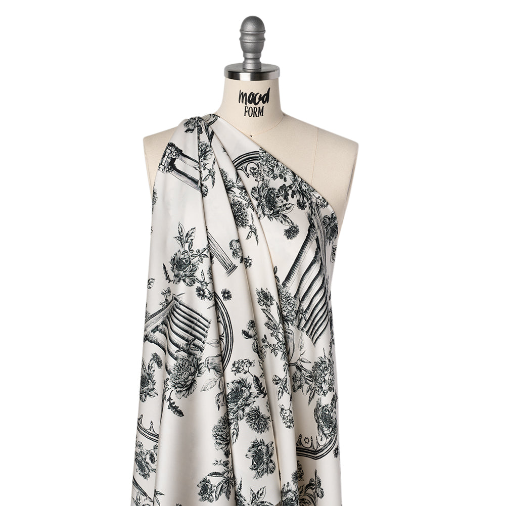 Polyester Satin - Black on White Flowers and Columns - Mood Exclusive Petal Pillars Print - Joann Fabrics