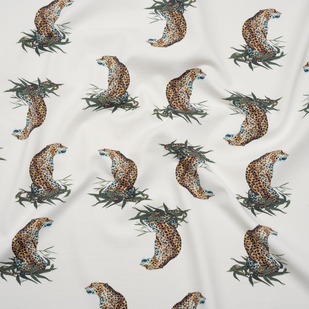 Stretch Nylon Swimwear Tricot - White, Brown and Green Leopard in Leaves - Designer Deadstock - Joann Fabrics