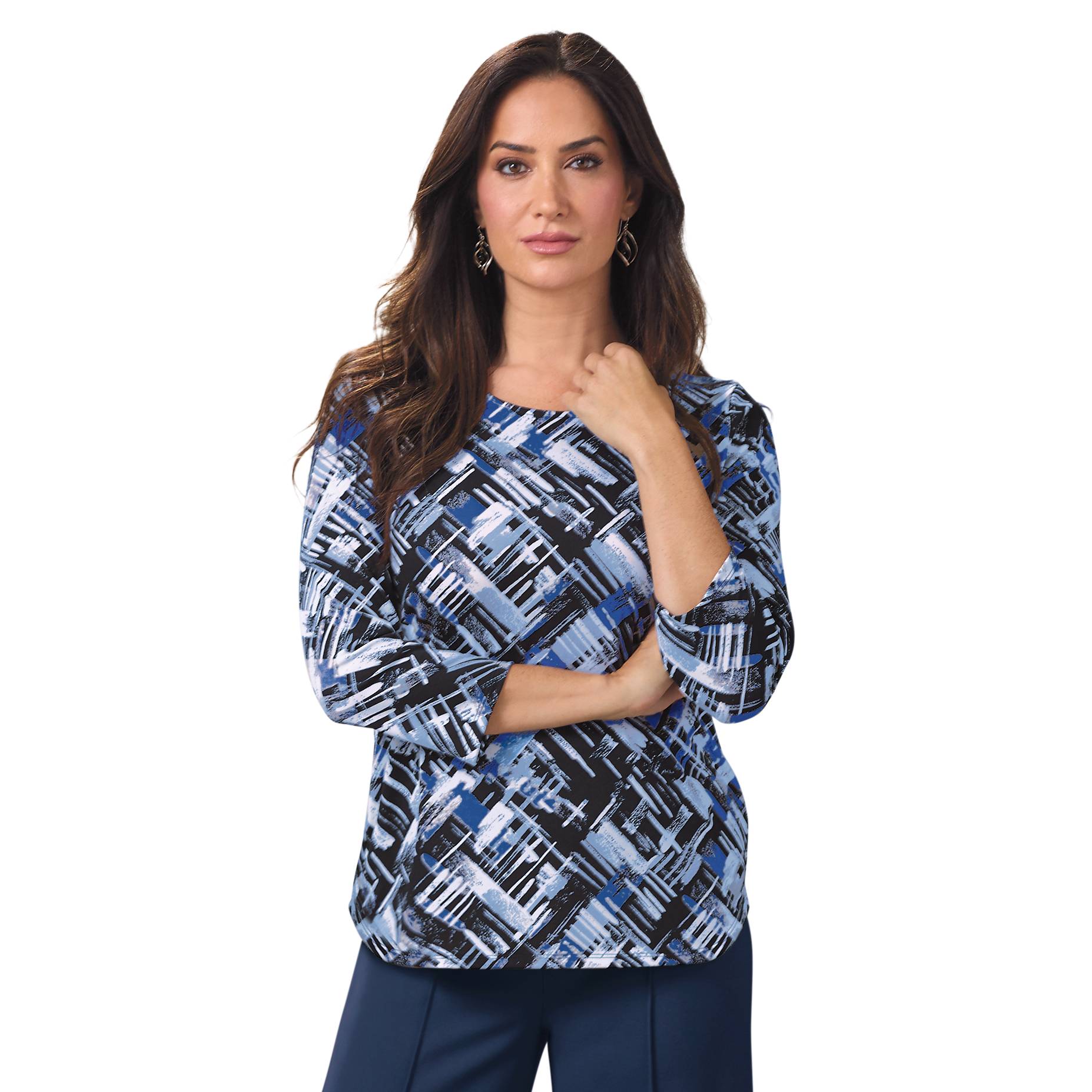 Abstract Print Top, 3/4 Sleeves, Curved Hem - Northstyle Catalog