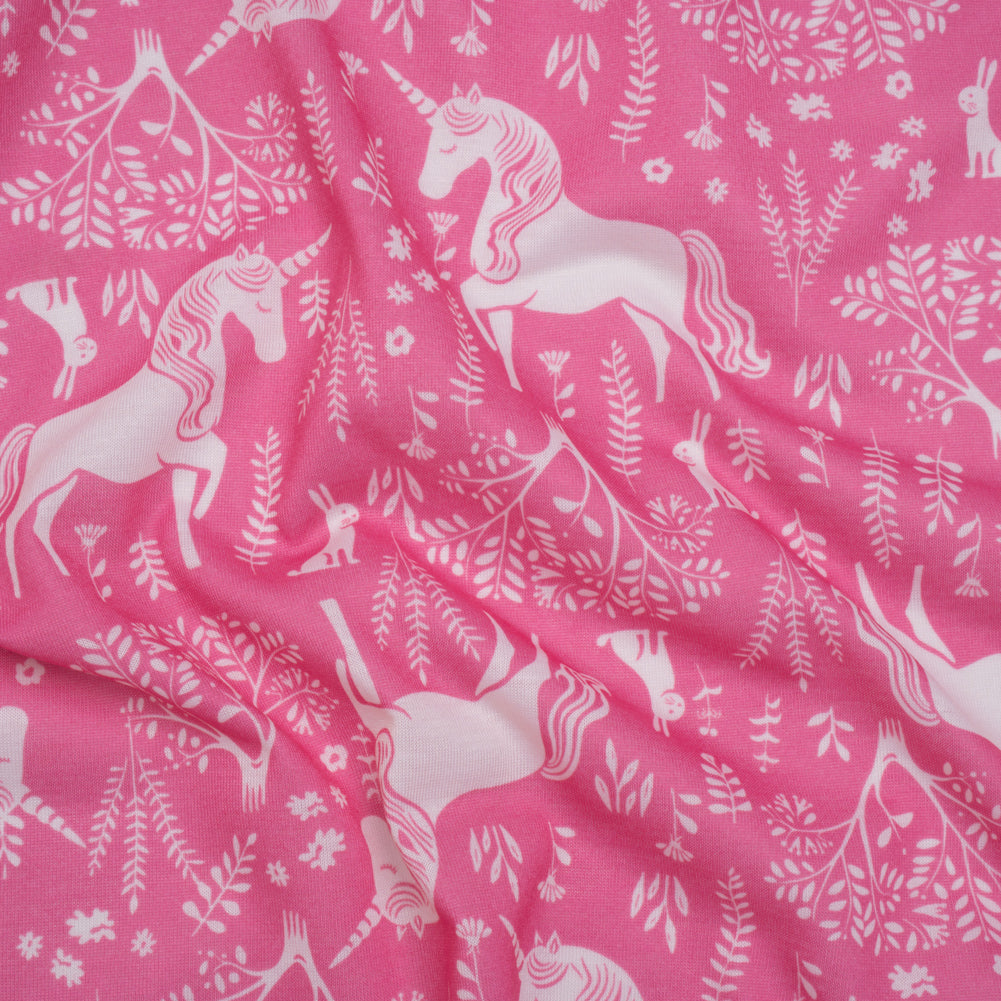 Recycled Polyester Jersey - Pink and White Unicorn Woodland - Deadstock - Joann Fabrics