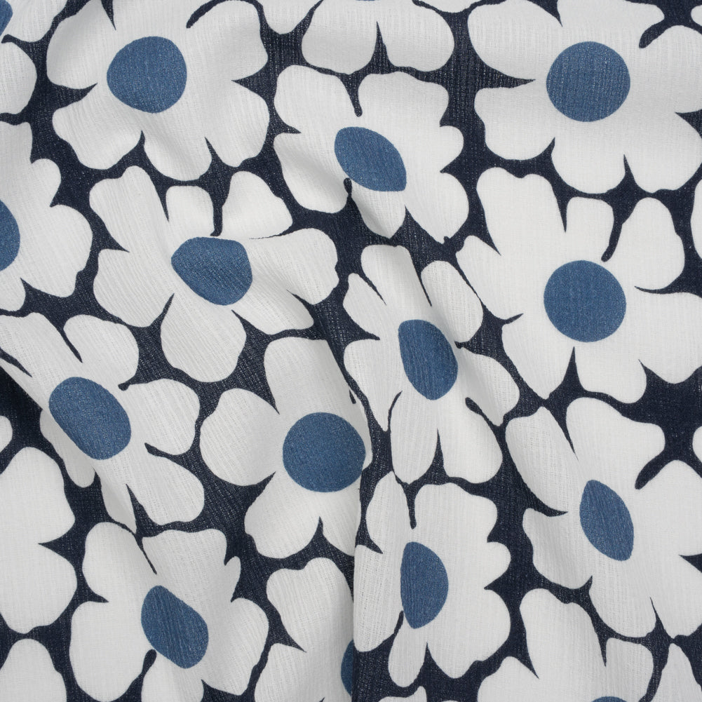 Slubbed Gauzy Cotton Woven - Navy, Blue and White Retro Daisies - Mood Exclusive Dancing Daisies Print - Joann Fabrics