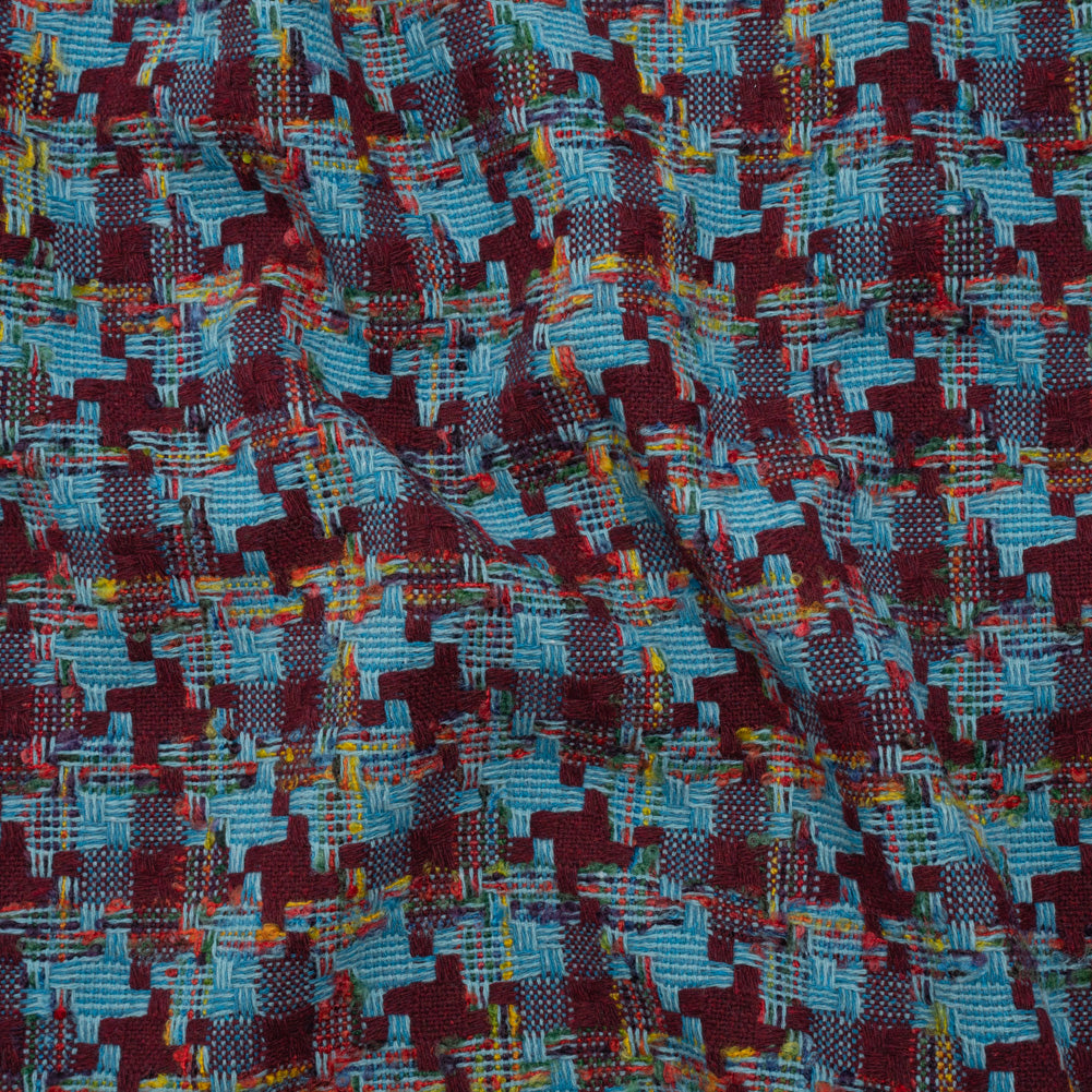 Wool Blend Tweedy Boucle Woven - Turquoise, Wine Red and Rainbow Blocky Houndstooth - Joann Fabrics
