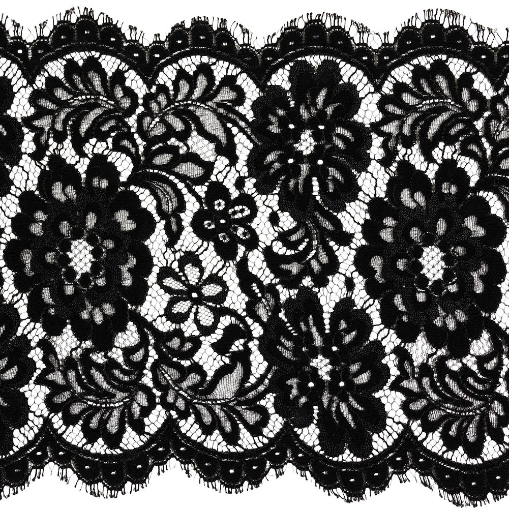 Black Floral Scalloped Lace Trim with Eyelash Fringe - 9.5