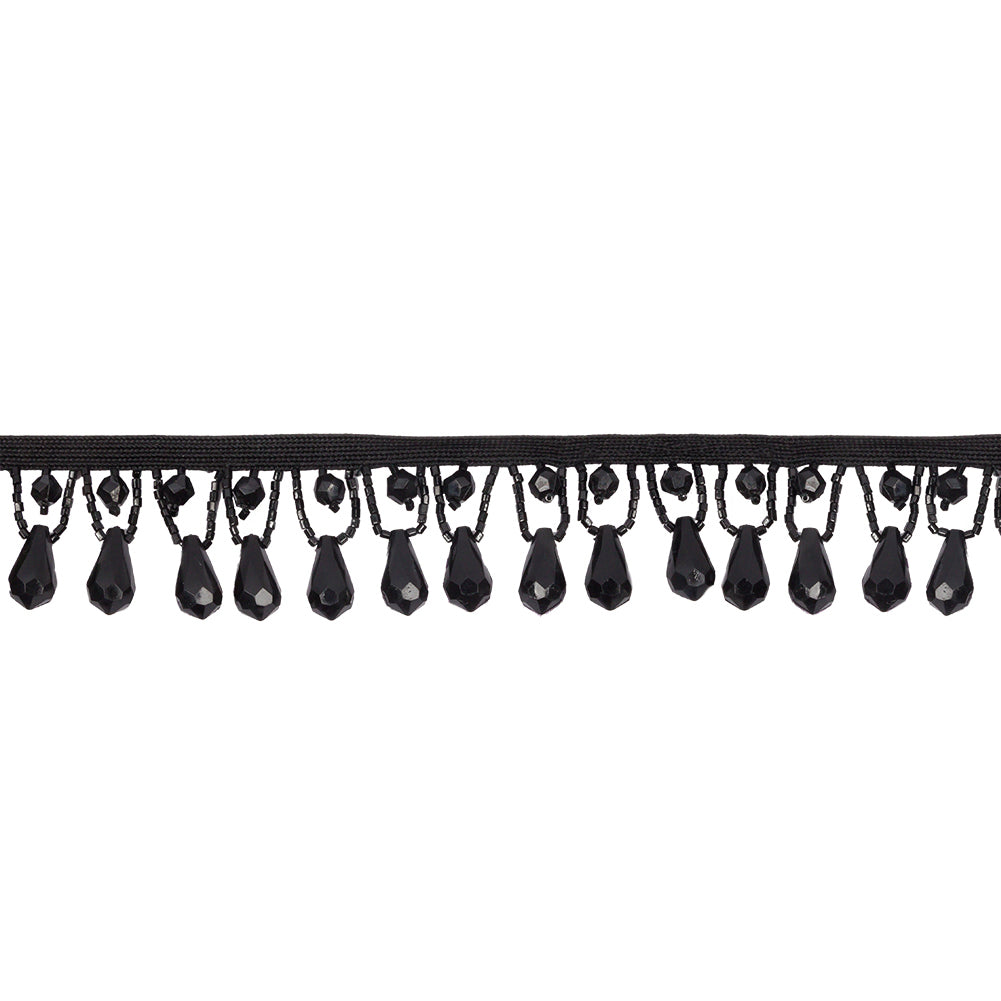 Vintage Black Teardrops and Seed Beaded Fringe Trim - 1.375