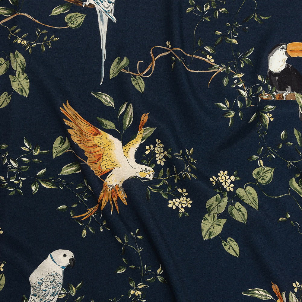 Sustainable Viscose Woven Print - Navy and Green Birds in Branches - Mood Exclusive Avian Adoration - Joann Fabrics
