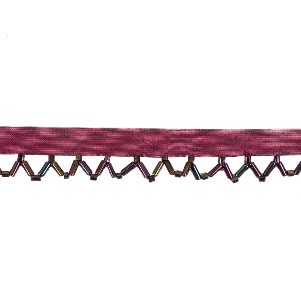 Vintage Burgundy and Purple Iris Beaded Scalloped Fringe Trim on Polyester Mesh - 0.5