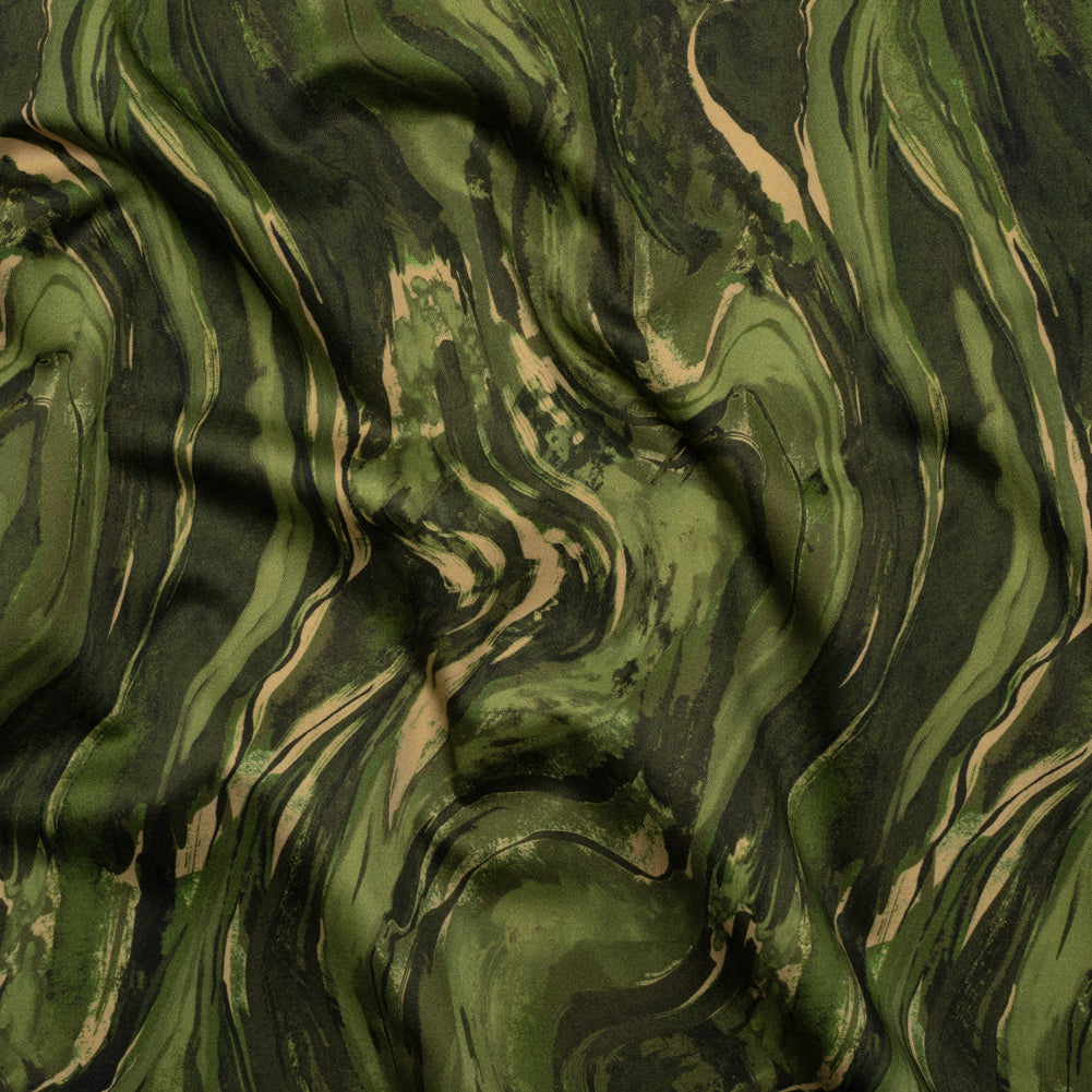 Stretch Cotton Sateen - Green and Beige Abstract Swirls - Painter’s Pond Print - Mood Exclusive Acadia Collection - Joann Fabrics