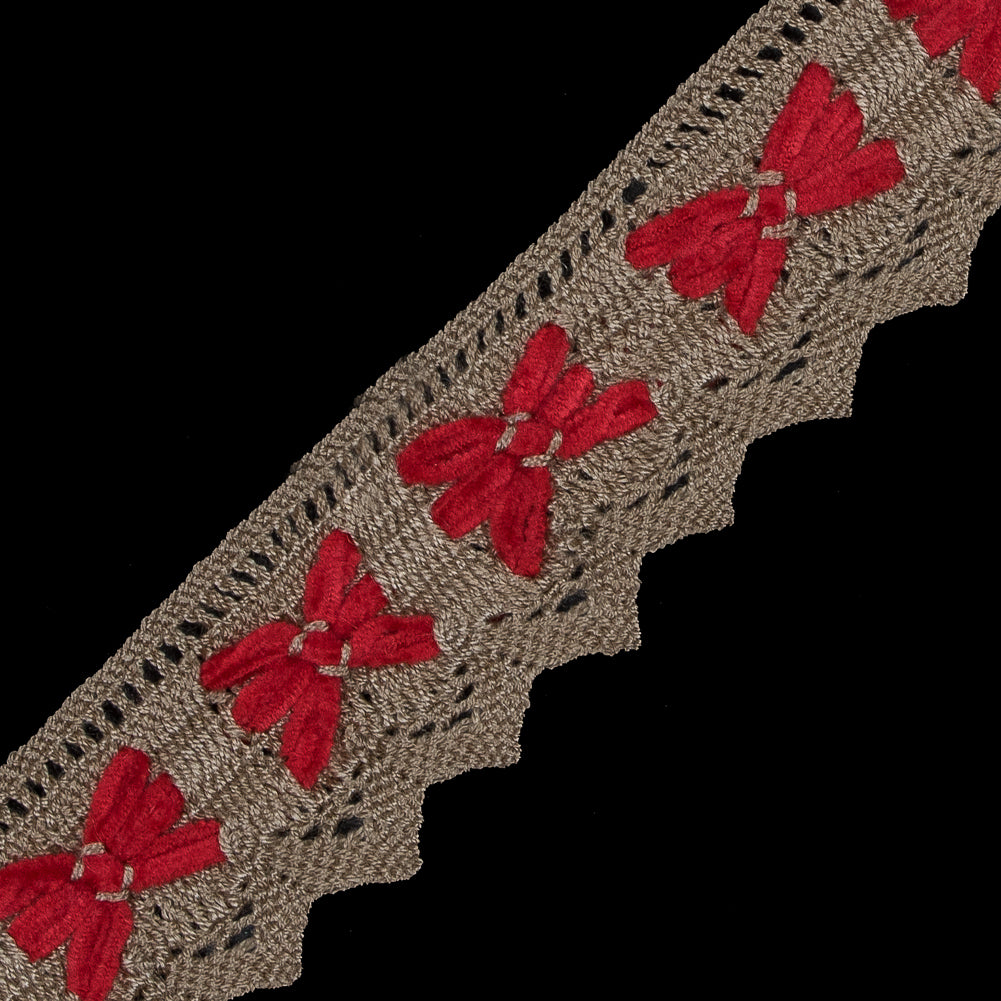 Beige and Red Crochet Chenille Trim - 1.5