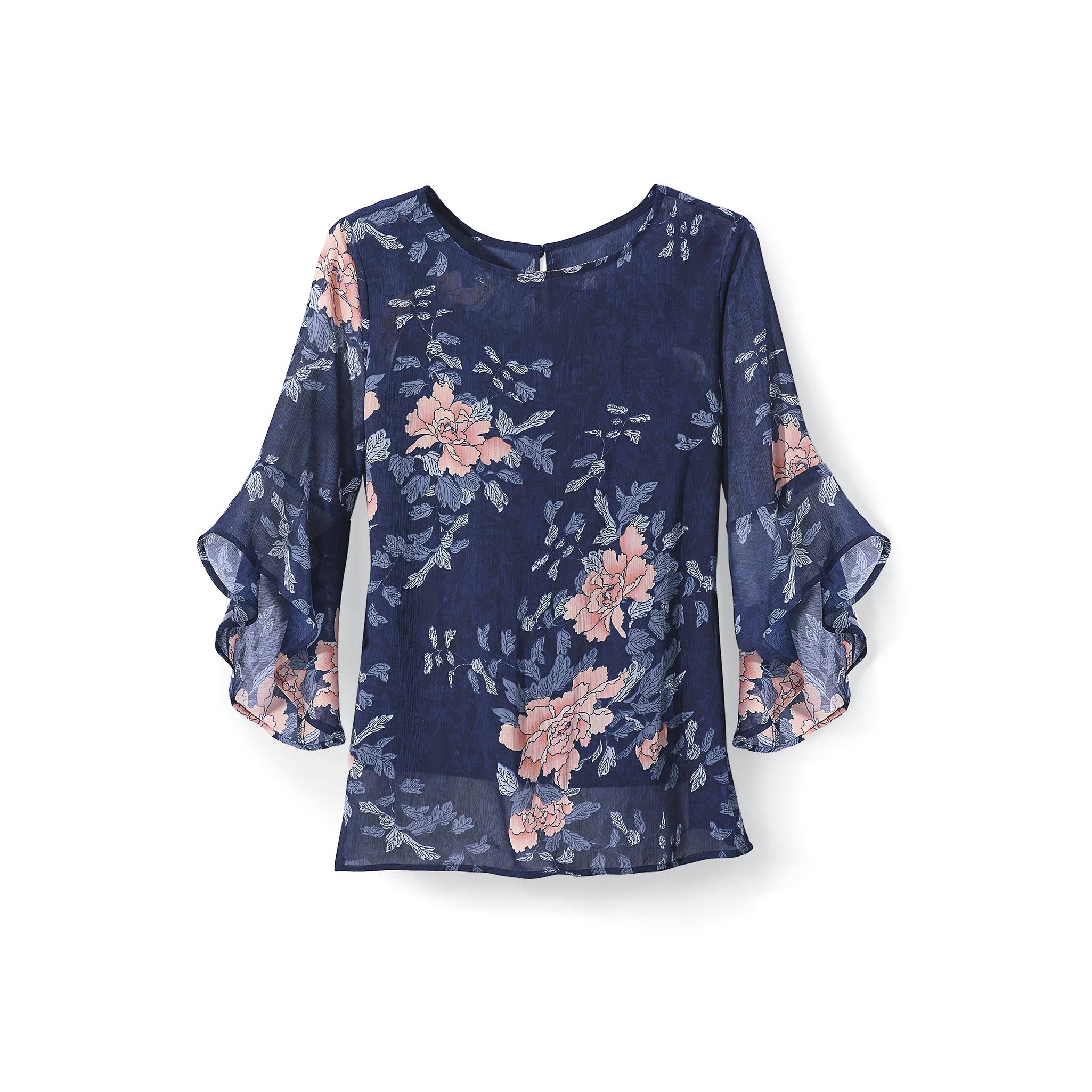 Peony Print Top, Elbow-Length Sleeves, Keyhole Back, Semi Sheer - Northstyle Catalog
