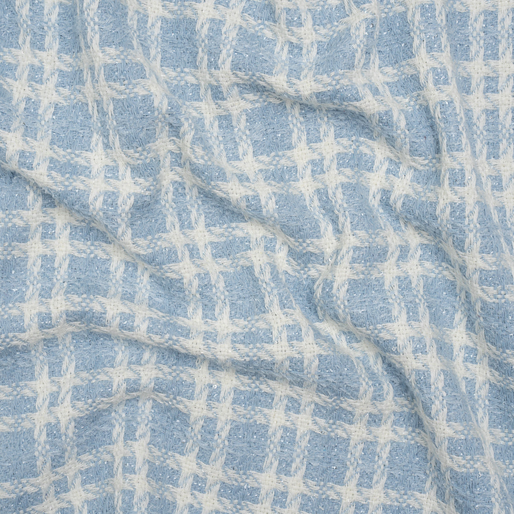 Cotton and Polyester Plaid Tweed with Baby Sequins and Eyelash Fringe - Baby Blue and White - Deadstock - Joann Fabrics