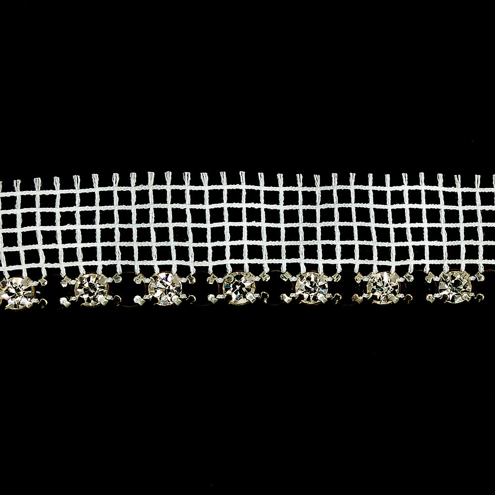 Vintage Crystal, Black and Silver 1 Row Circular Rhinestones on White Mesh Trimming - 0.75