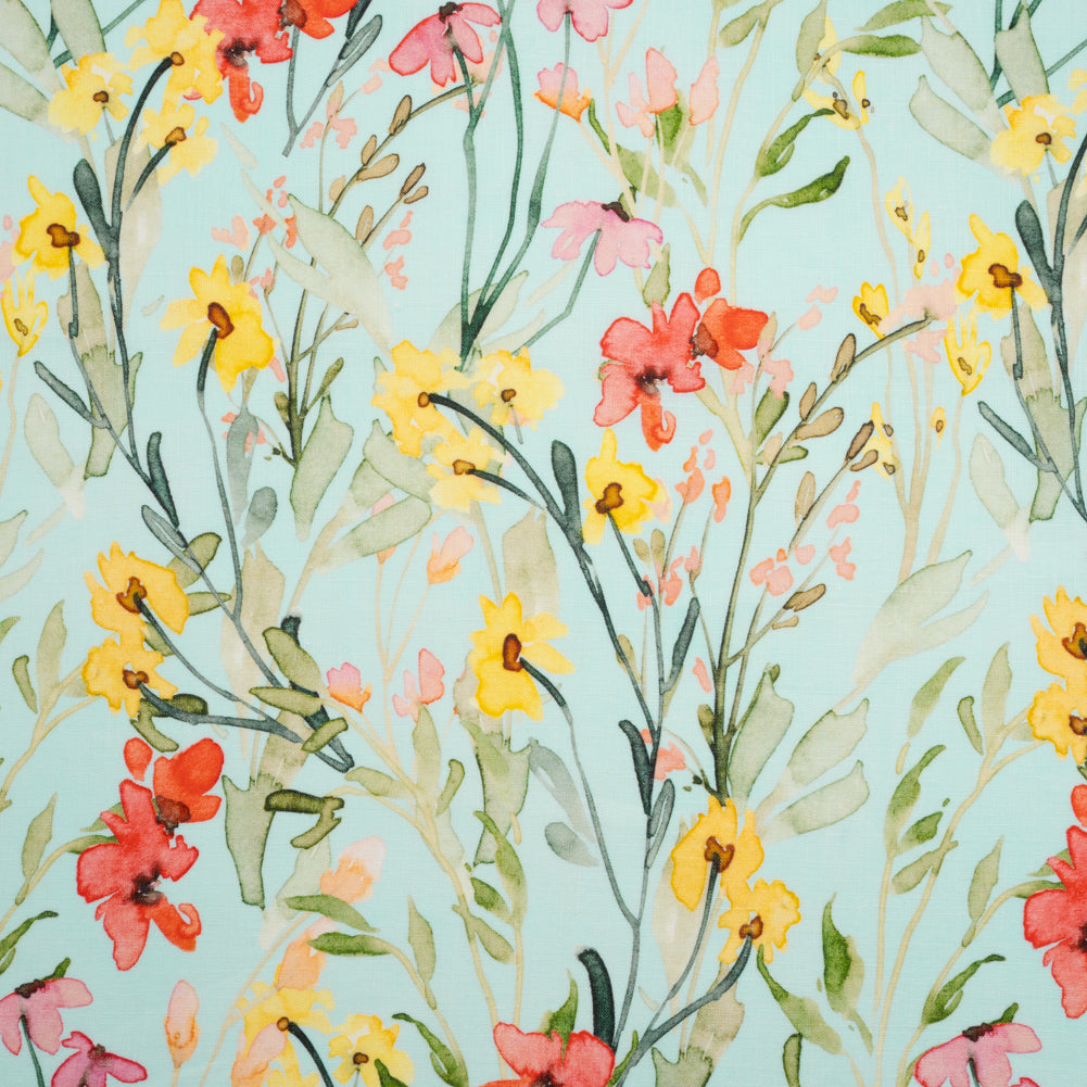 Lightweight Linen Woven - Yellow, Red and Green Watercolor Floral Trails on Ocean Blue - Joann Fabrics