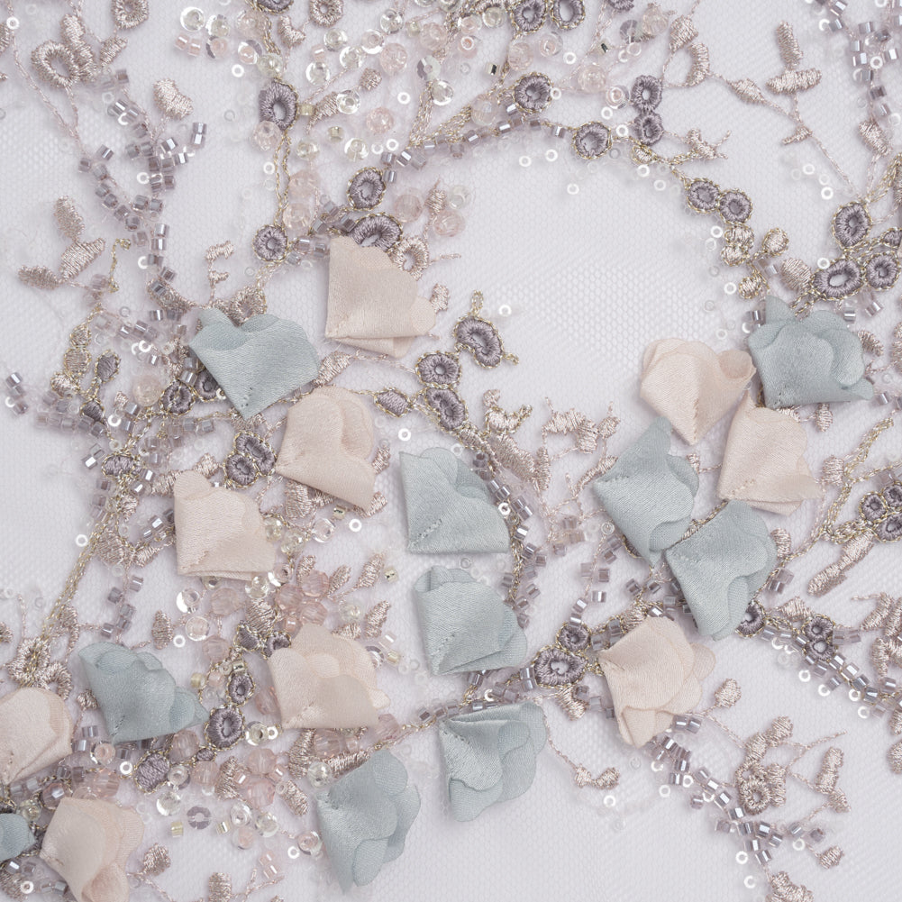 Embroidered and Beaded Tulle with 3D Satin Flowers - Lilac, Cream and Light Blue Floral Sprigs - Joann Fabrics