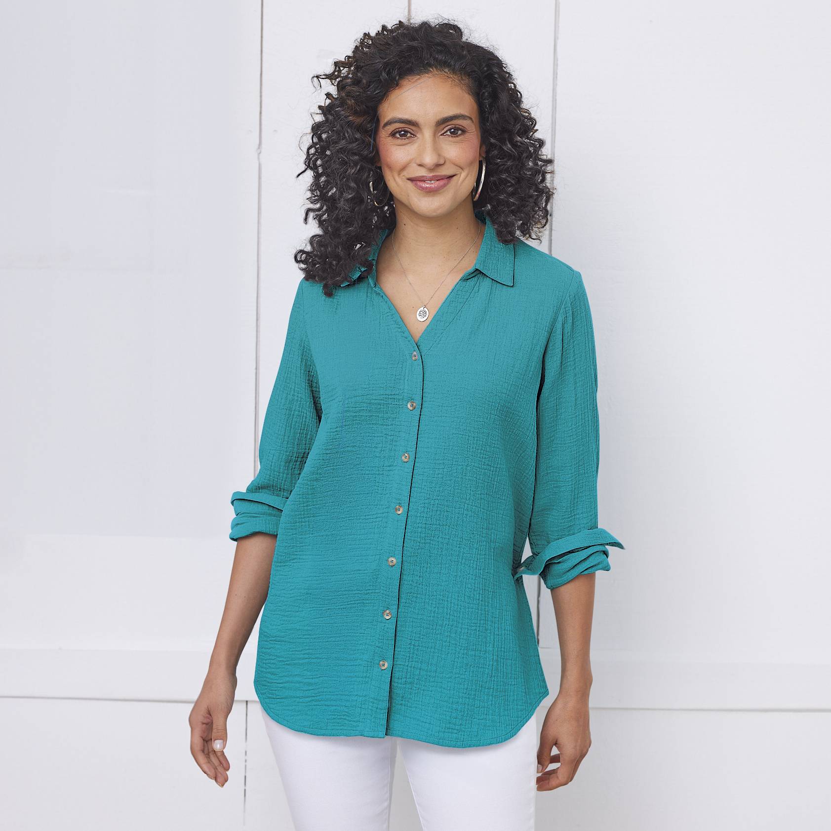 Button-Front Cotton Gauze Tunic, Collared V-Neck, Back Yoke - Northstyle Catalog
