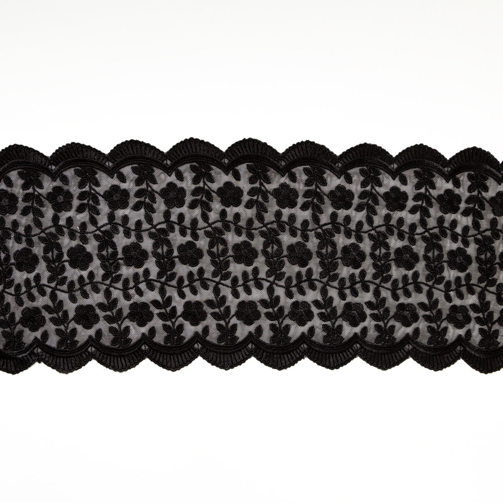 European Black Floral Embroidered Stretch Scalloped Lace Trim - 8