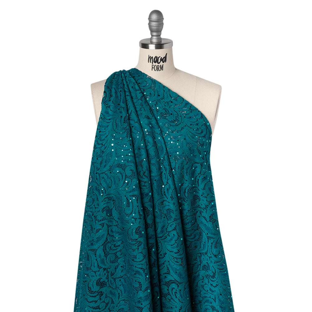 Stretch Raschel Lace with Metallic Spots - Dark Teal and Navy Fancy Leaves and Flowers - Joann Fabrics